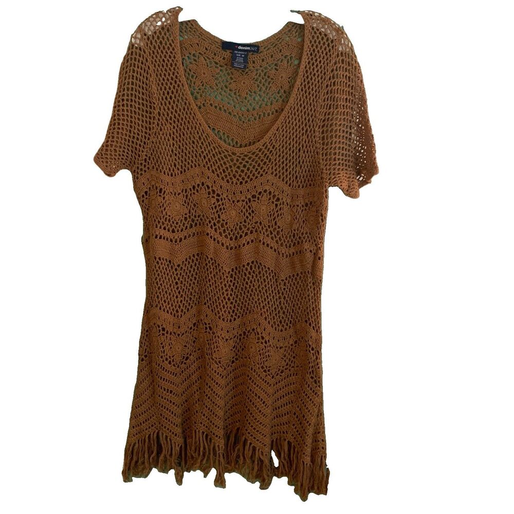 Denim 24/7 Women Macrame Crochet Knit Dress Size Medium Color Brown Casual Cover